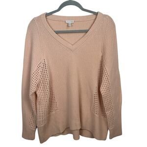 Garnet Hill 100% Cashmere Wide Knit Side Ribbed Sweater Size Small Peach EUC